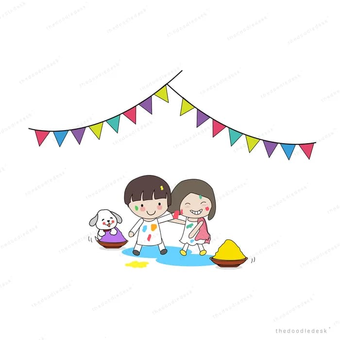 Children playing with colours under festive bunting