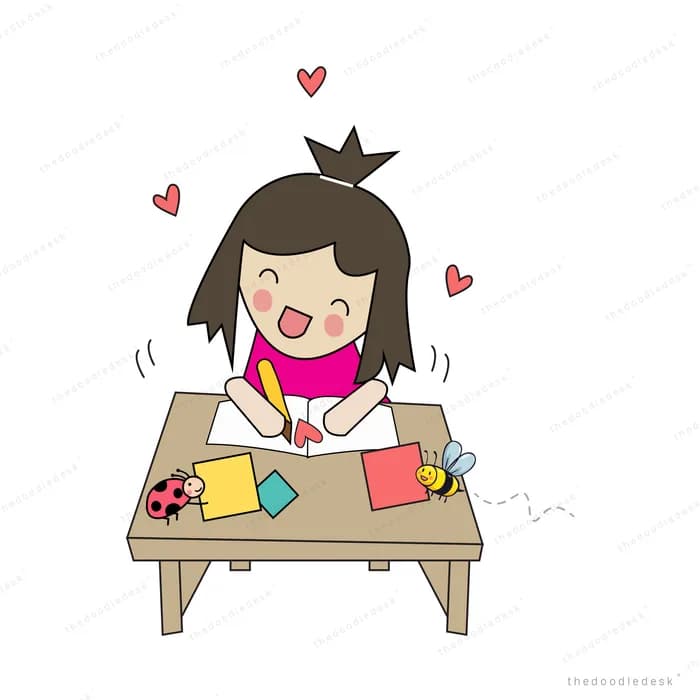 Girl at a small table doing crafts with hearts