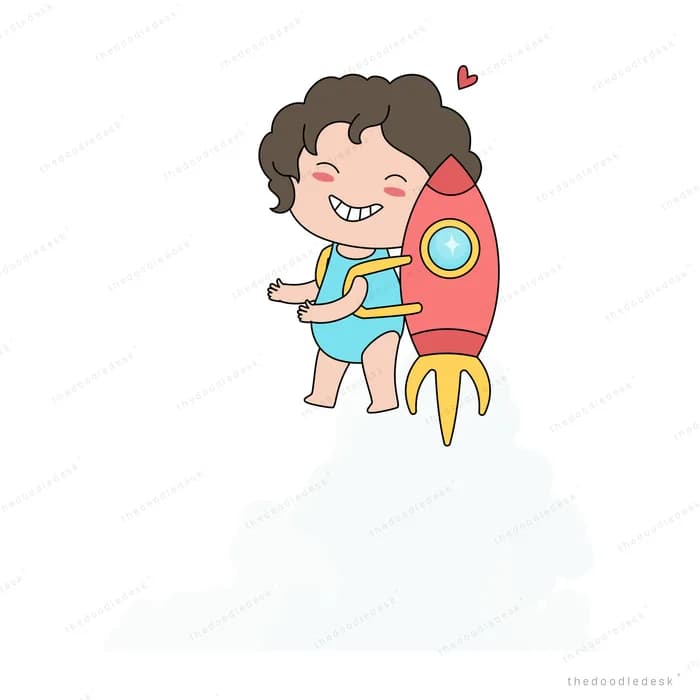 Girl riding a red rocket through clouds