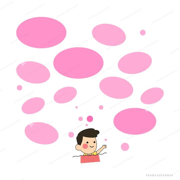Small boy beneath a cluster of pink oval shapes