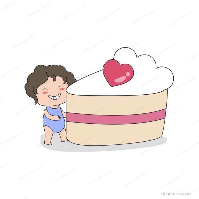 Boy beside a giant slice of layered cake