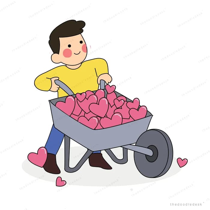Boy pushing a wheelbarrow full of hearts
