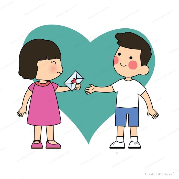 Two children exchanging gifts inside a teal heart