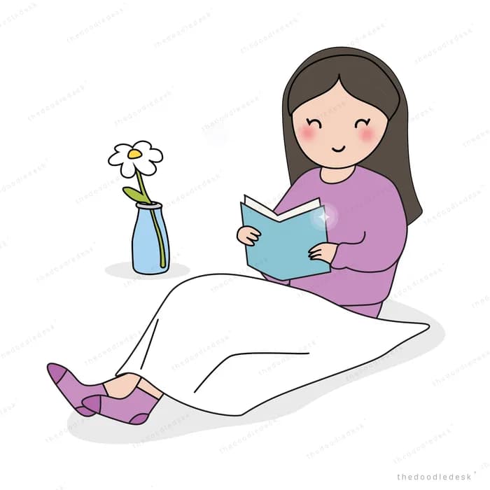 Woman reading in bed with a flower vase
