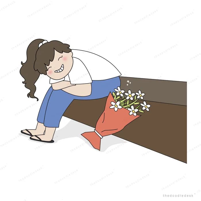 Woman resting on a bench with a bunch of flowers