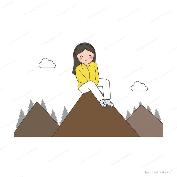 Woman sitting on a mountain peak with clouds