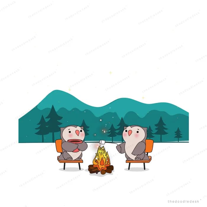 Three friends around a campfire before mountains