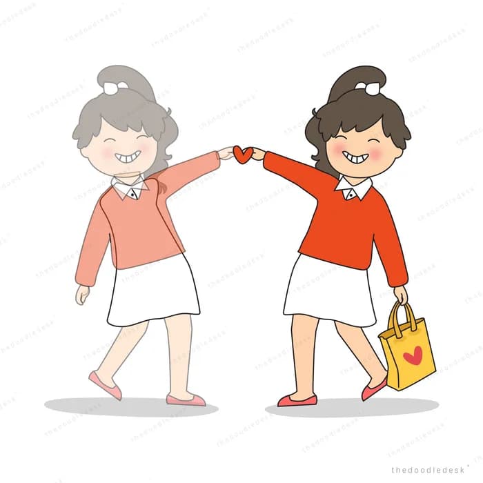 Two women reaching toward each other while walking