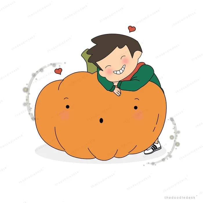 Boy leaning on a large carved pumpkin