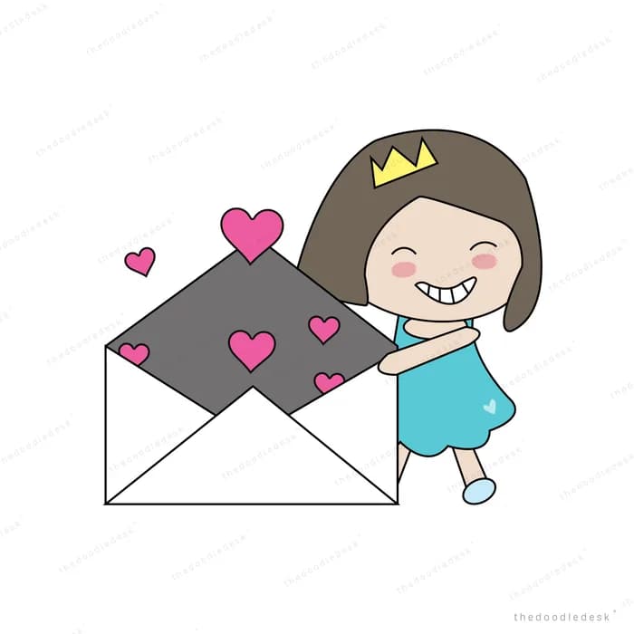 Girl climbing out of an envelope full of hearts