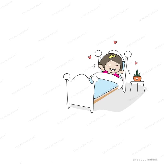 Girl sitting up in bed with a plant nearby