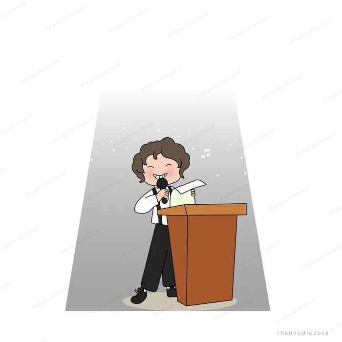 Boy speaking at a lectern under a spotlight