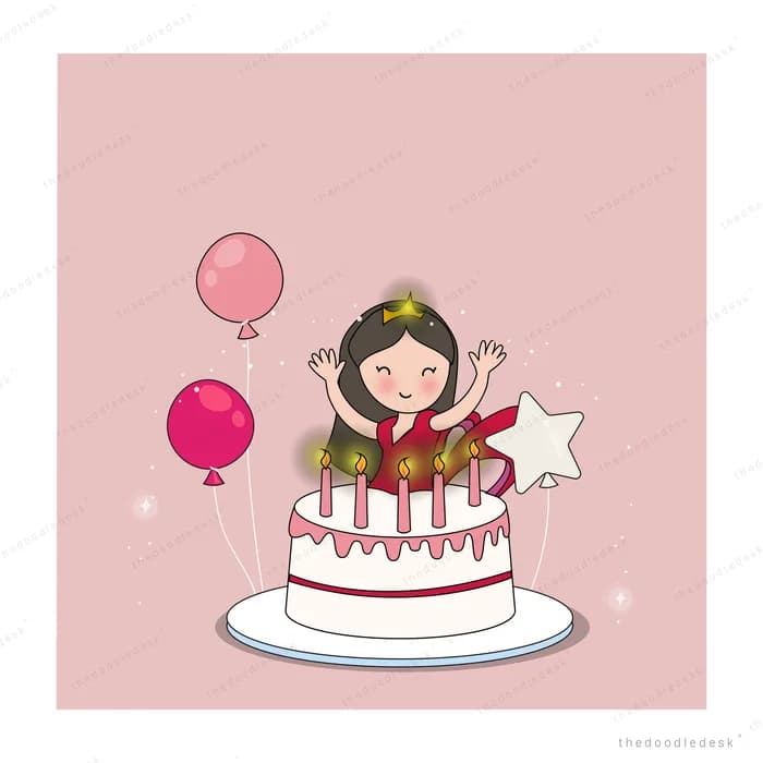 Girl on a decorated cake with balloons