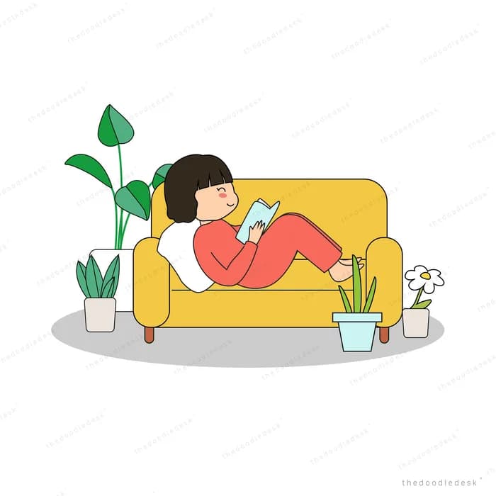 Girl reclining on a yellow sofa with plants