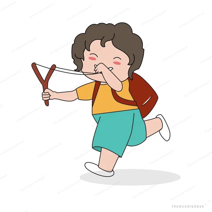Boy running while firing a slingshot