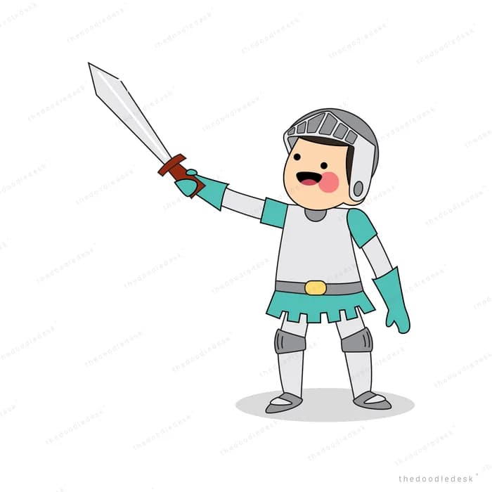 Boy in a knight's helmet raising a sword
