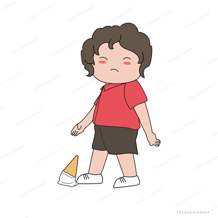 Girl in red walking with her head down