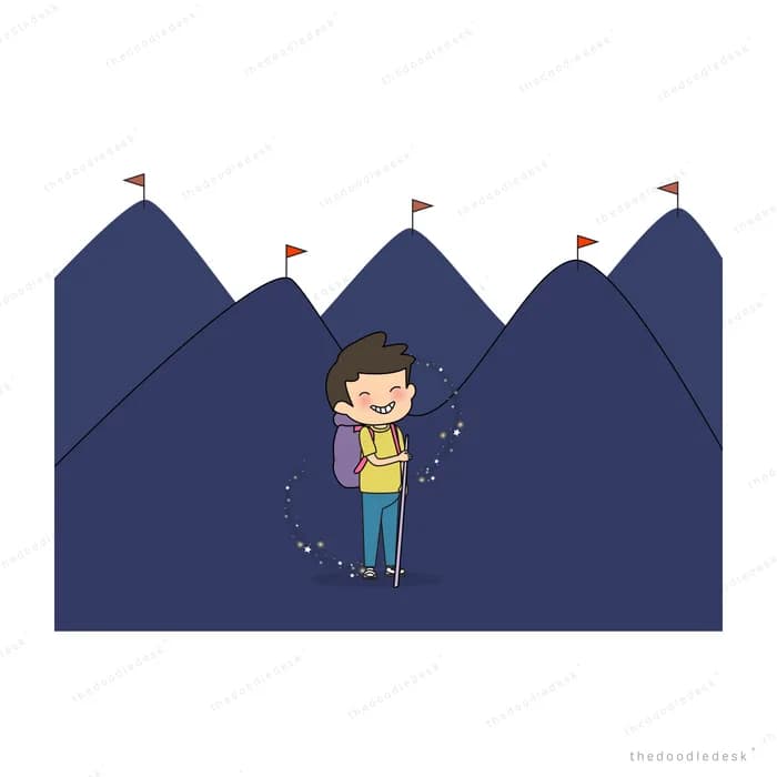 Small girl before dark mountains with flags