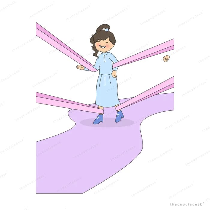 Girl standing at a fork in a purple path