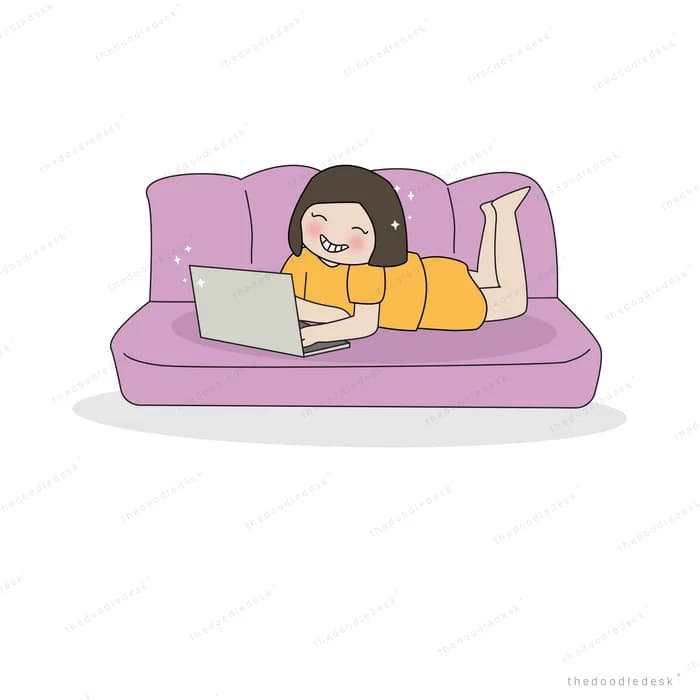 Girl lying on a pink sofa using a laptop