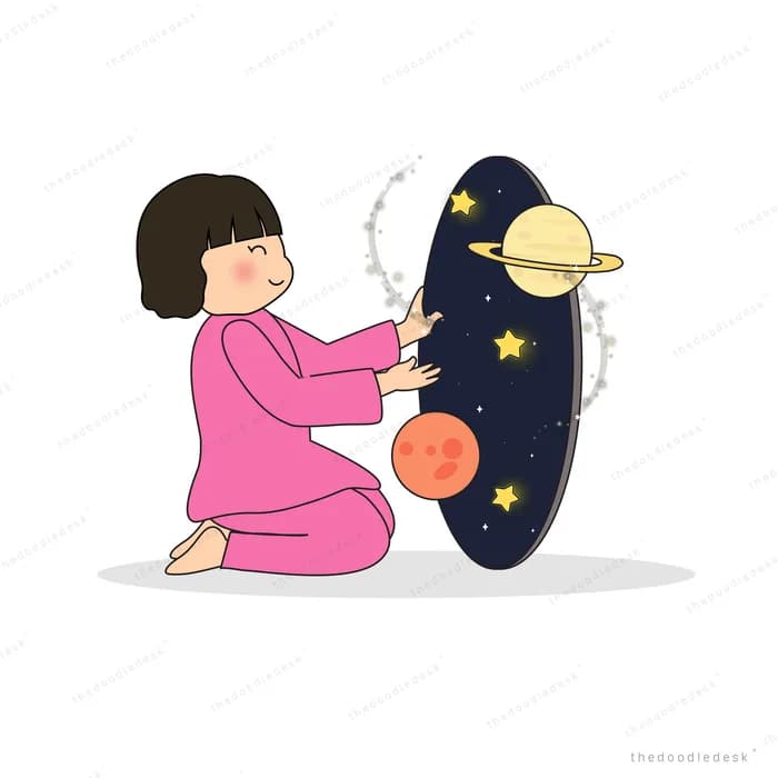 Girl decorating a large dark star-filled shape
