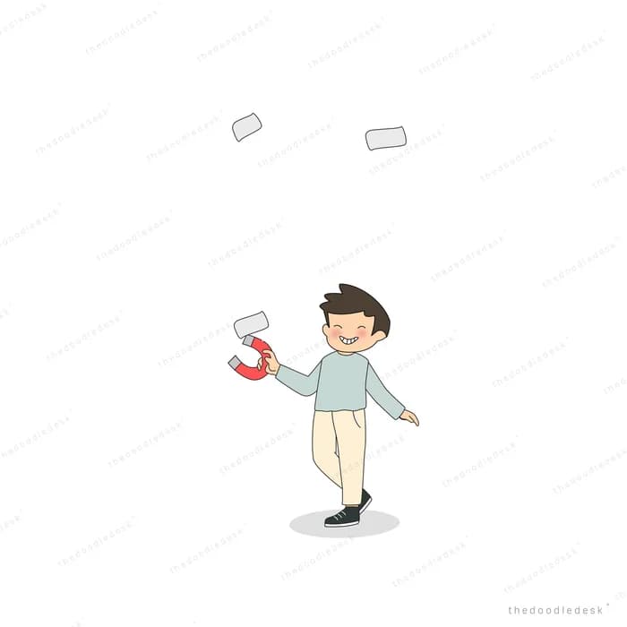 Boy holding a cup as papers drift down