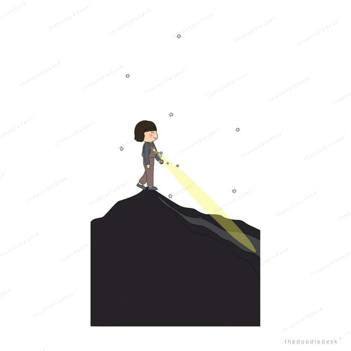 Figure on a dark peak casting a beam of light
