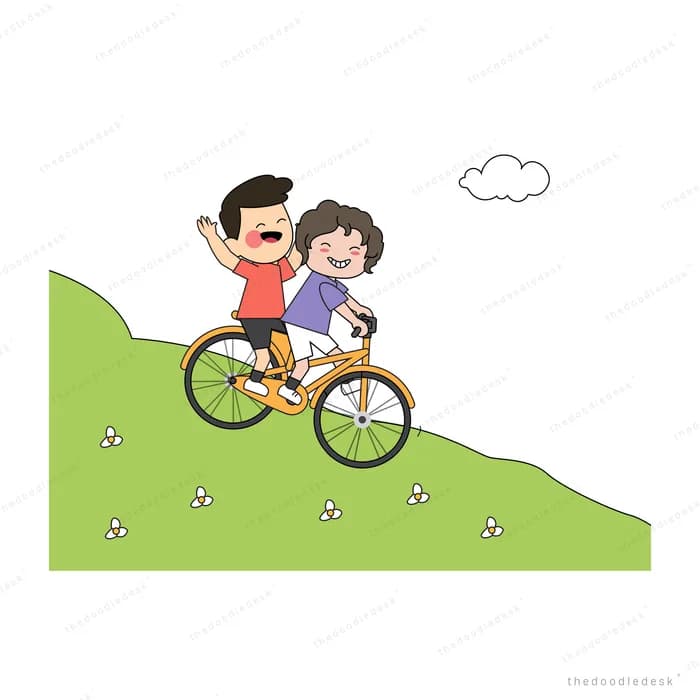 Two children cycling together down a green hill