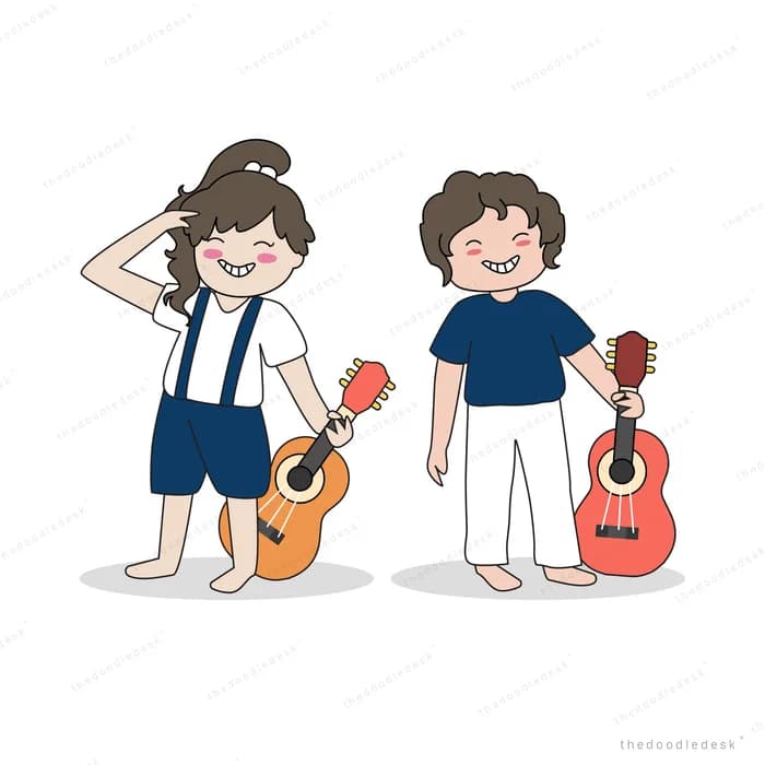 Two boys standing with guitars