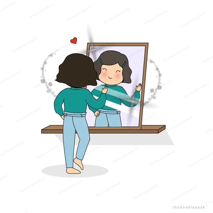 Two girls leaning together over a mirror