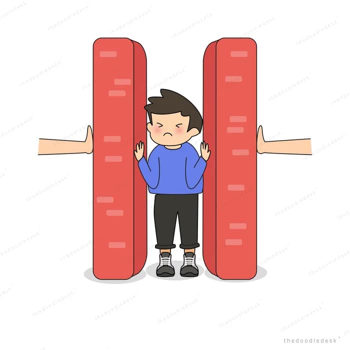 Boy pushing apart two red walls with his arms