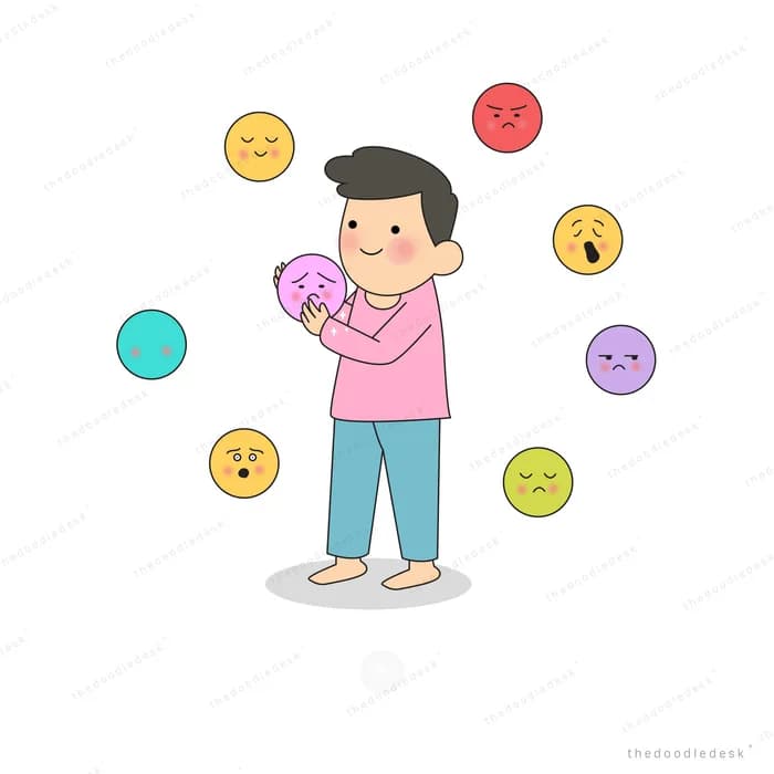 Boy holding an ice cream among mood faces