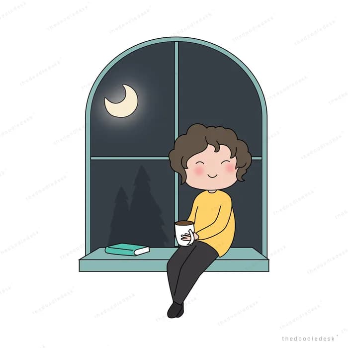 Woman sitting on a windowsill with a mug under a crescent moon