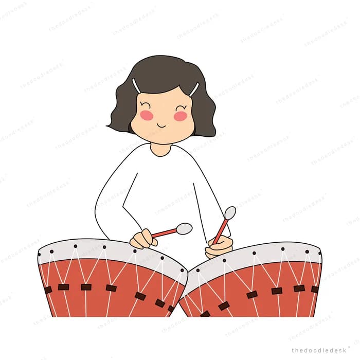 Woman playing a pair of large red drums with mallets