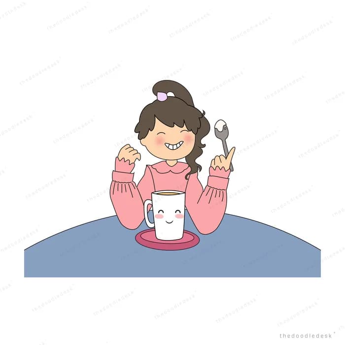 Girl at a blue table holding a fork and spoon over a smiling cup