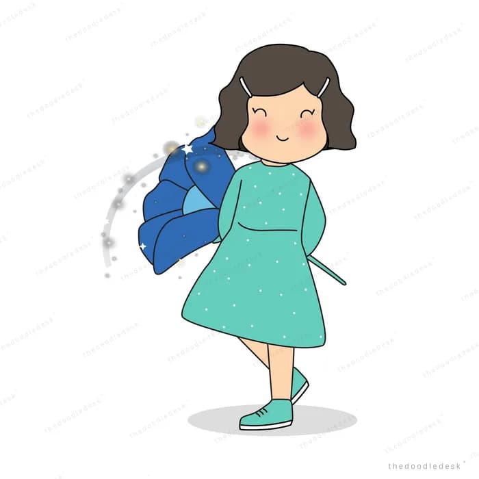 Girl in a green dress walking with a blue jacket slung over her shoulder