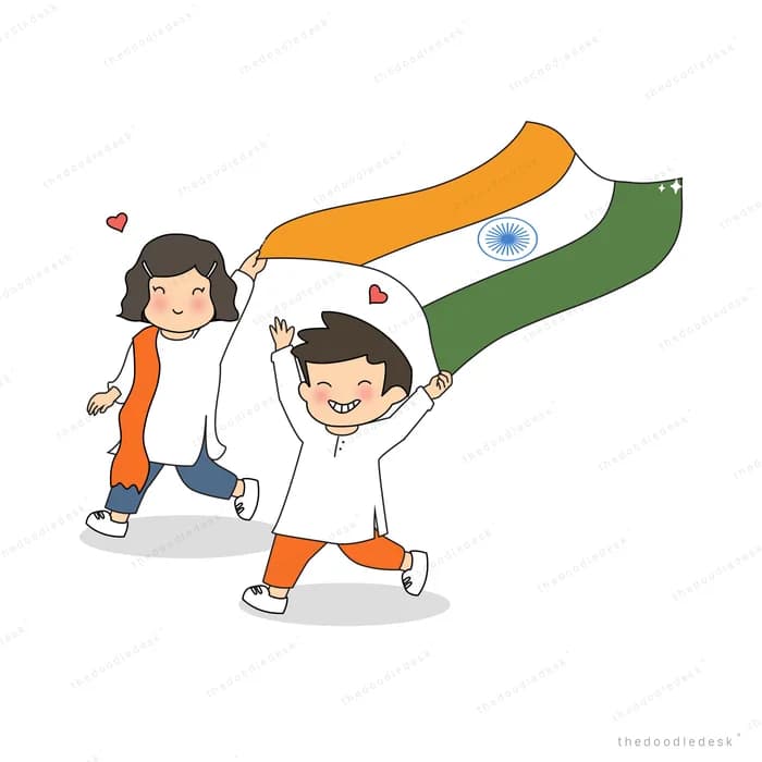 Two children running while holding a large indian tricolour flag