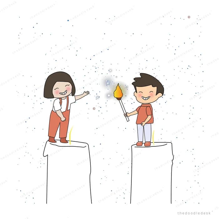 Two children standing on tall pillars passing a burning lantern between them