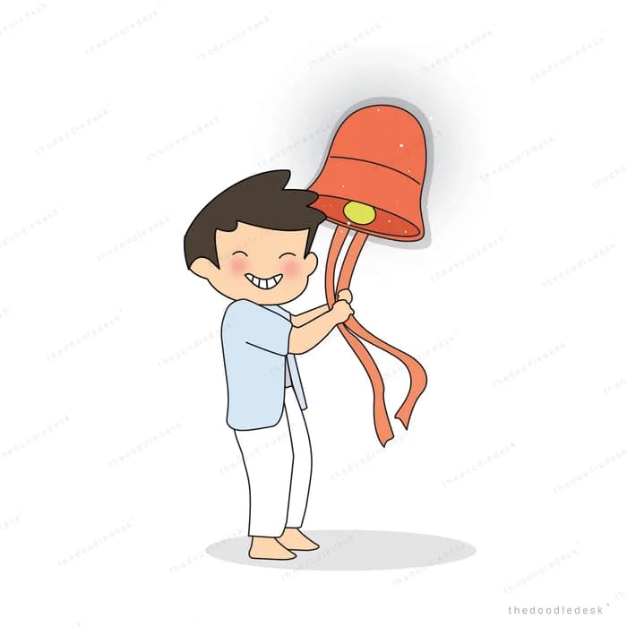 Boy holding up a large red bell with trailing ribbons