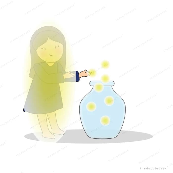 Girl catching glowing fireflies into a large glass jar
