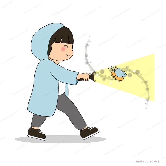 Girl in a hooded raincoat walking while carrying a glowing string of lights