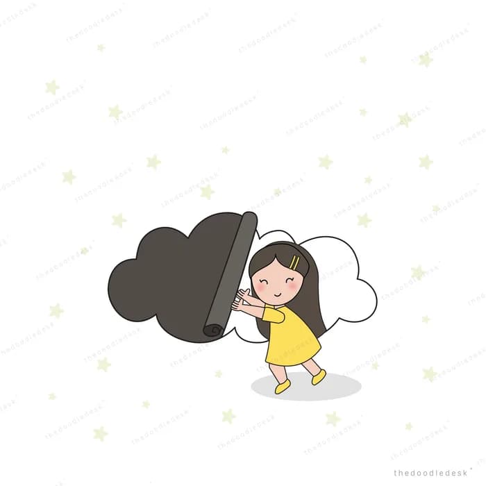 Girl pushing a dark cloud aside to reveal a white cloud behind her
