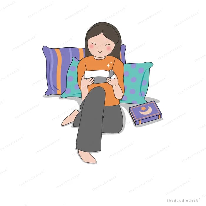 Woman leaning on cushions reading a tablet with a book beside her