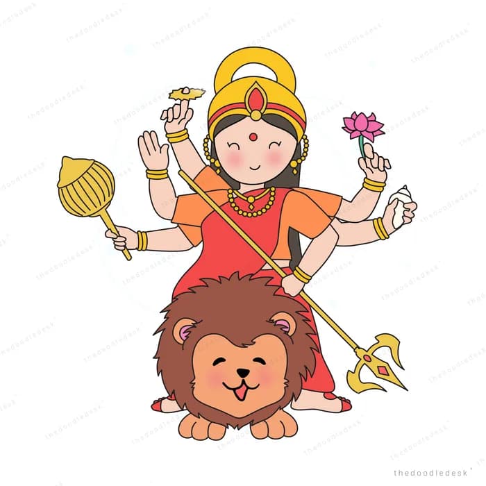Many armed goddess durga with weapons standing over a lion