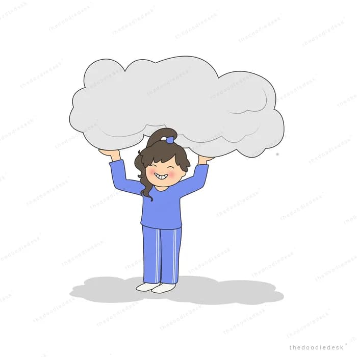 Girl in blue pyjamas lifting a large grey cloud above her head