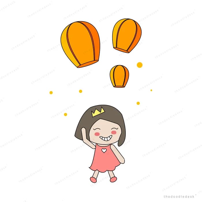 Girl in a crown waving up at orange sky lanterns floating away