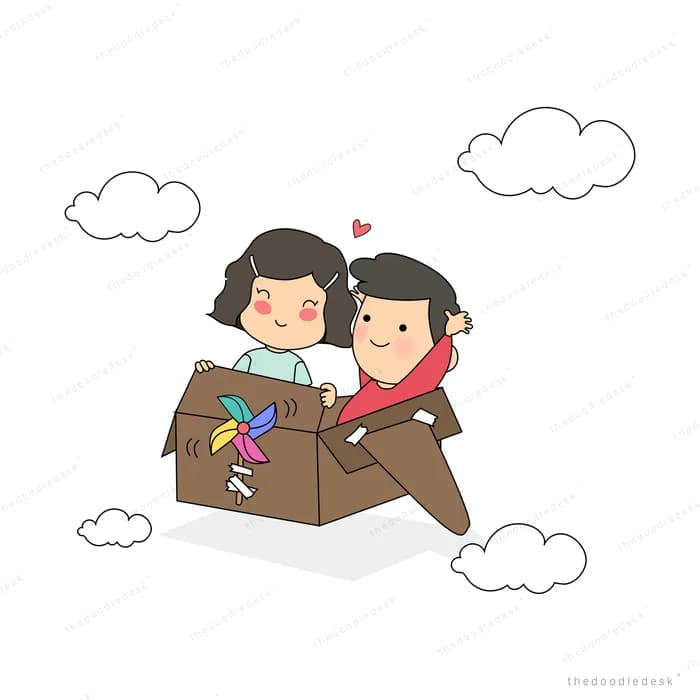 Two children flying in a cardboard box with a pinwheel among the clouds