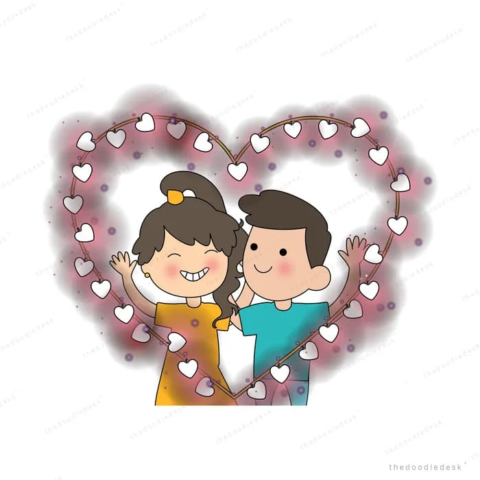 Couple posing together inside a heart shaped frame of small hearts
