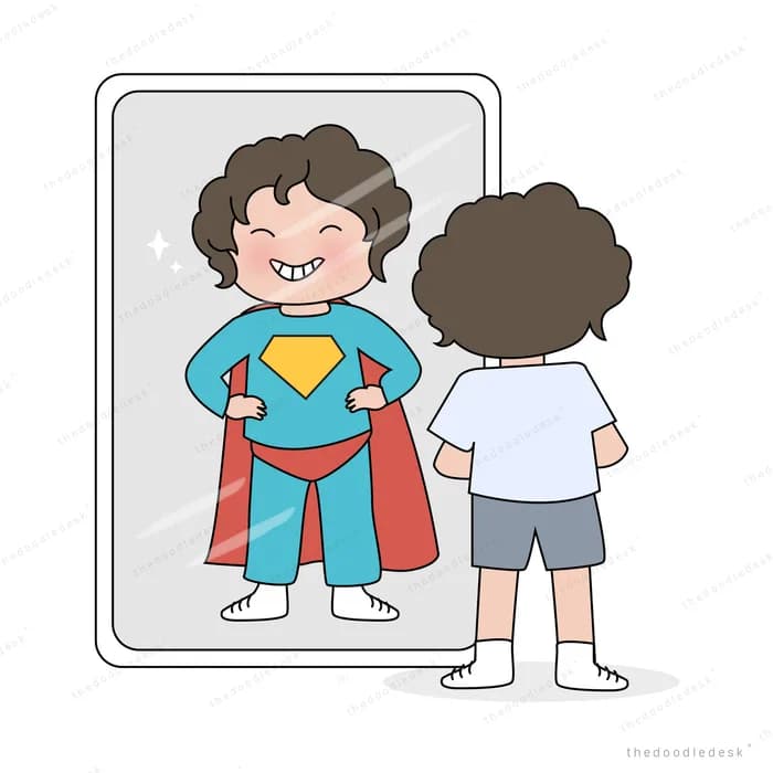 Boy looking into a mirror that reflects him as a caped superhero