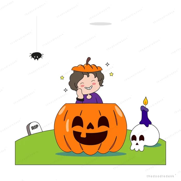 Girl peeking from behind a carved jack-o-lantern with a skull and candle on grass